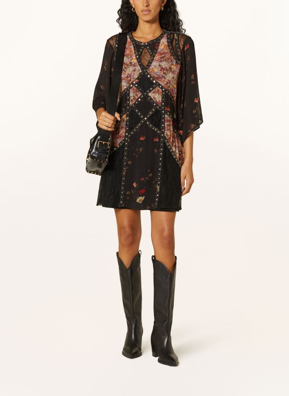 ALLSAINTS Dress LUCIA KORA with lace and sequins BLACK/ DARK RED/ YELLOW