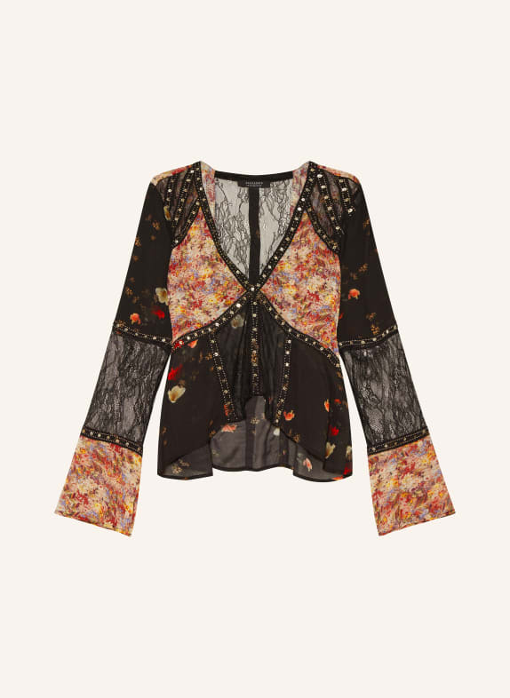 ALLSAINTS Shirt blouse KORA with lace and sequins BLACK/ DARK RED/ LIGHT YELLOW