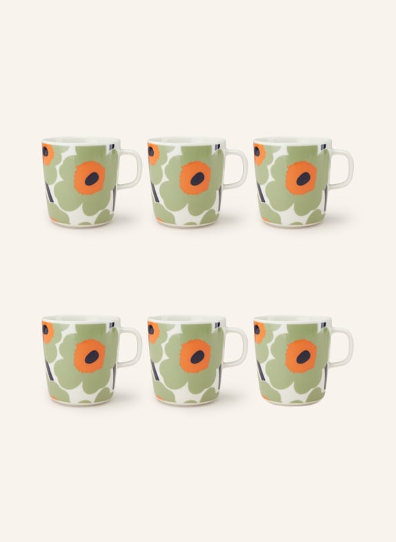 marimekko 6er-Set Henkelbecher OIVA/UNIKKO HELLGRÜN/ WEISS/ ORANGE