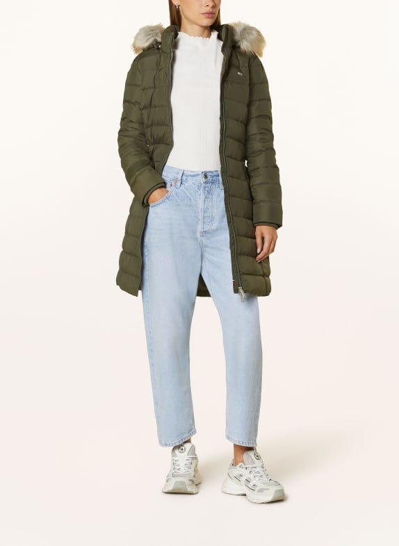 TOMMY JEANS Down coat with detachable faux fur OLIVE