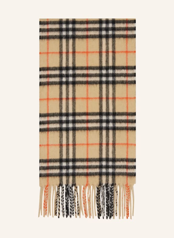 BURBERRY Kašmírová šála SVĚTLE HNĚDÁ/ ČERNÁ/ ORANŽOVÁ