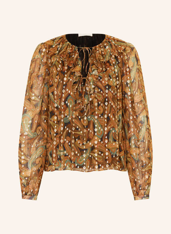 ULLA JOHNSON Blusenshirt EMILIE mit Rüschen BRAUN/ GRÜN/ GOLD