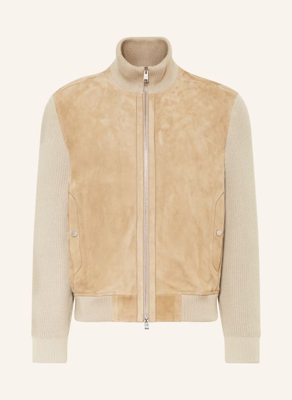 BOSS Leather bomber jacket MERSEY in mixed materials BEIGE