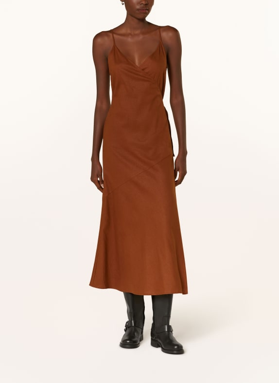 GESTUZ Wrap dress LEENAGZ with linen BROWN