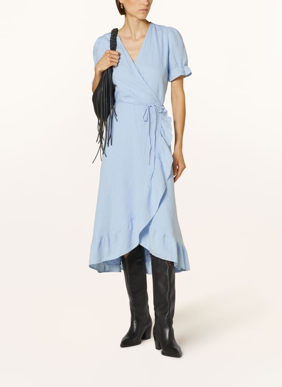 NEO NOIR Wrap dress MARIETTA with linen and ruffles LIGHT BLUE