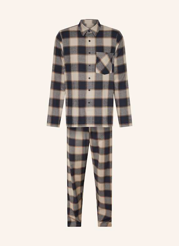 SCHIESSER Schlafanzug SELECTED PREMIUM WARMING aus Flanell BEIGE/ DUNKELBLAU/ GRAU