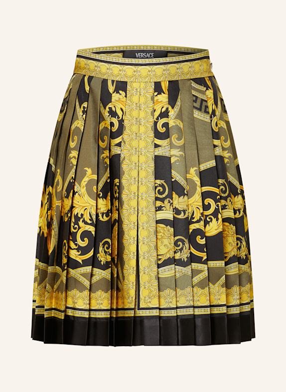 VERSACE Skládaná sukně z hedvábí ŽLUTÁ/ ČERNÁ/ OLIVOVÁ