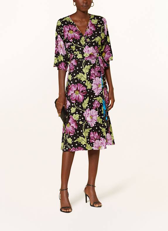 DIANE VON FURSTENBERG ROSALINA reversible wrap dress with 3/4 sleeves BLACK/ PURPLE/ LIGHT GREEN