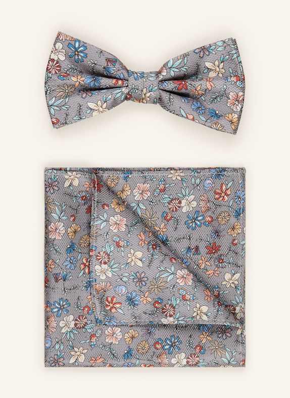 Prince BOWTIE Set: Fliege und Einstecktuch GRAU/ BLAU/ ROT