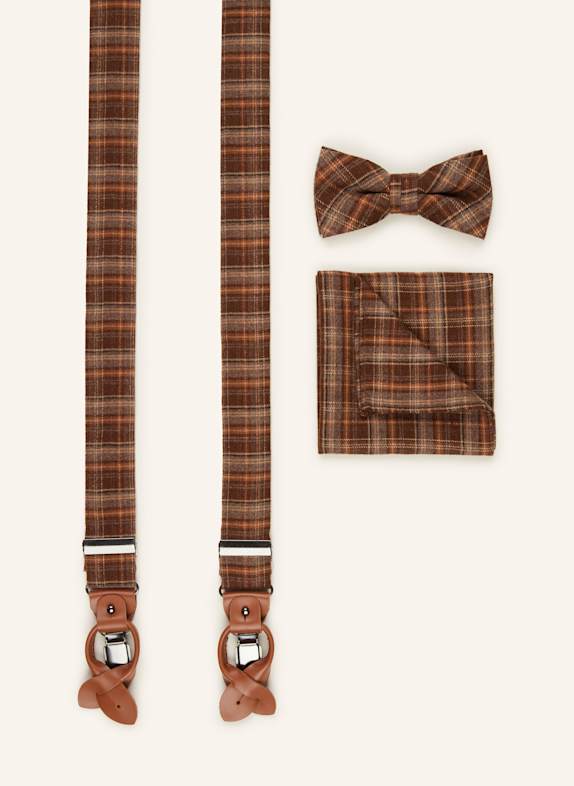 Prince BOWTIE Set: Hosenträger, Fliege und Einstecktuch BRAUN/ COGNAC/ TAUPE