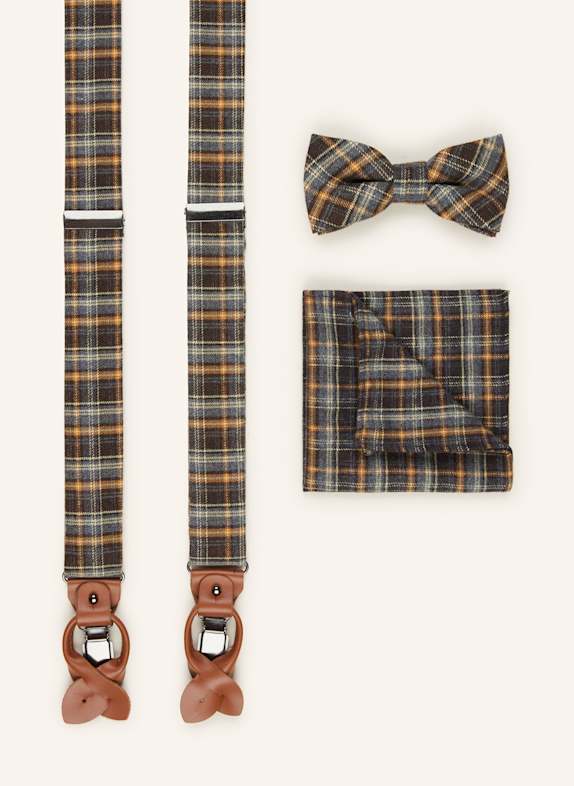 Prince BOWTIE Set: Hosenträger, Fliege und Einstecktuch BLAUGRAU/ DUNKELBRAUN/ COGNAC