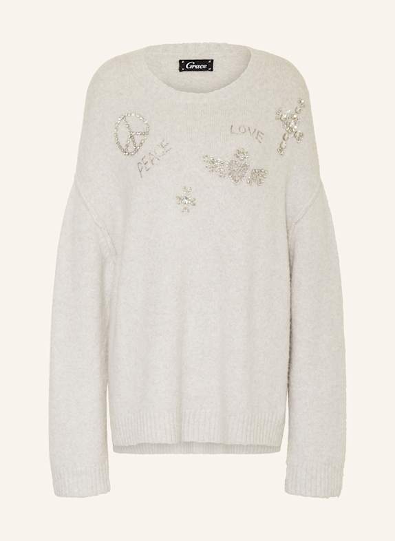 Grace Oversized-Pullover mit Alpaka und Schmucksteinen HELLGRAU