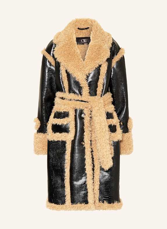 OW Collection Ledermantel MONTREAL mit Kunstfell SCHWARZ/ BEIGE