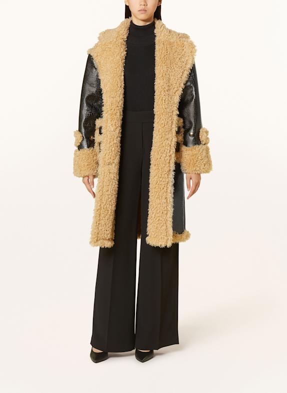 OW Collection Ledermantel MONTREAL mit Kunstfell SCHWARZ/ BEIGE