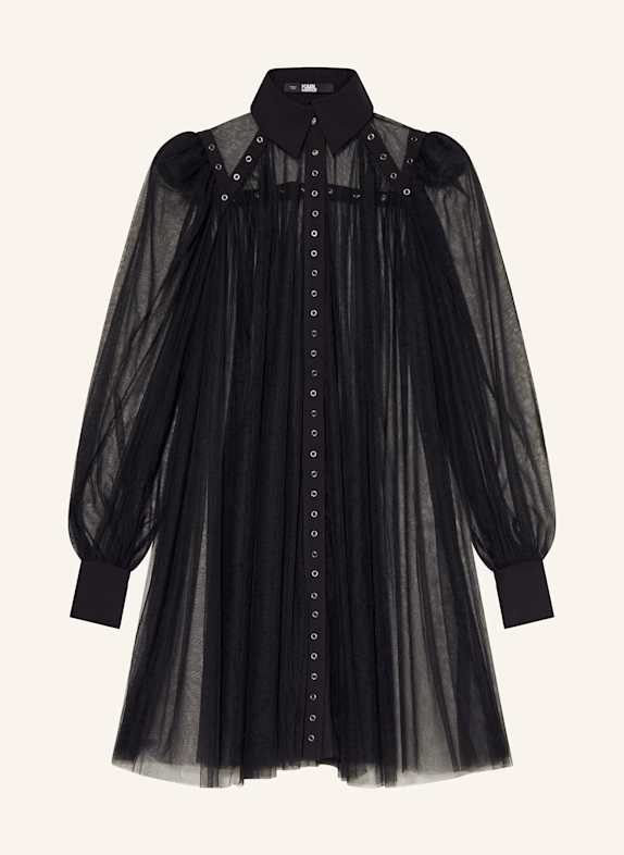 KARL LAGERFELD Hemdblusenkleid aus Tüll mit Nieten SCHWARZ