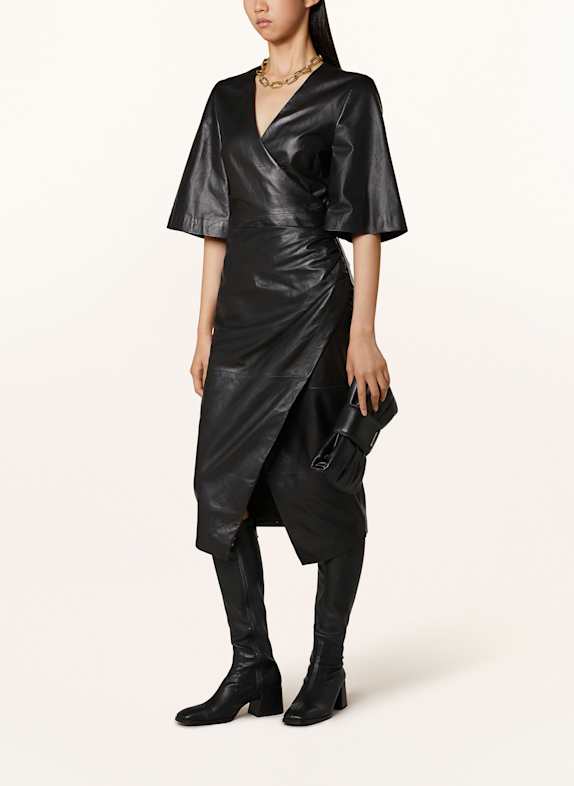 KARL LAGERFELD Lederkleid in Wickeloptik SCHWARZ