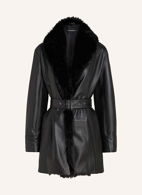 KARL LAGERFELD Coat in leather look with faux fur BLACK