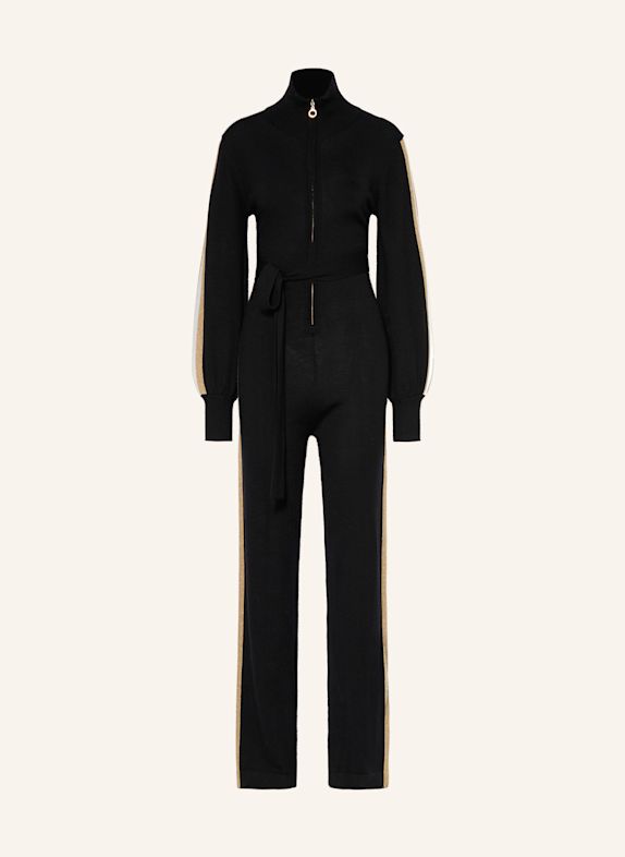WE NORWEGIANS Knitted jumpsuit GEILO made from merino wool with glitter thread BLACK/ GOLD/ ECRU