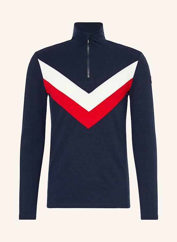 WE NORWEGIANS Piqué midlayer VOSS made from merino wool DARK BLUE/ ECRU/ RED