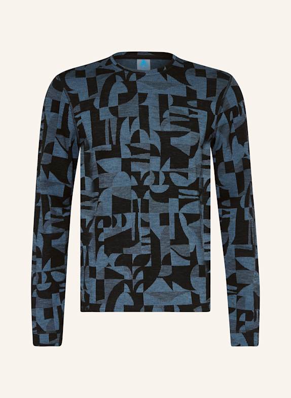 odlo Funktionswäsche-Shirt MERINO WARM JACQUARD aus Merinowolle SCHWARZ / HELLBLAU