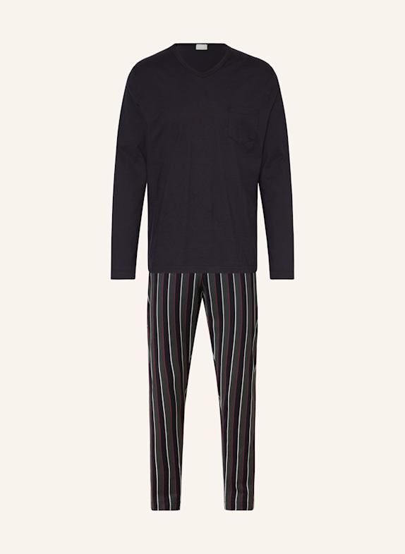 mey Schlafanzug Serie DARK STRIPE DUNKELBLAU/ DUNKELGRÜN/ DUNKELROT