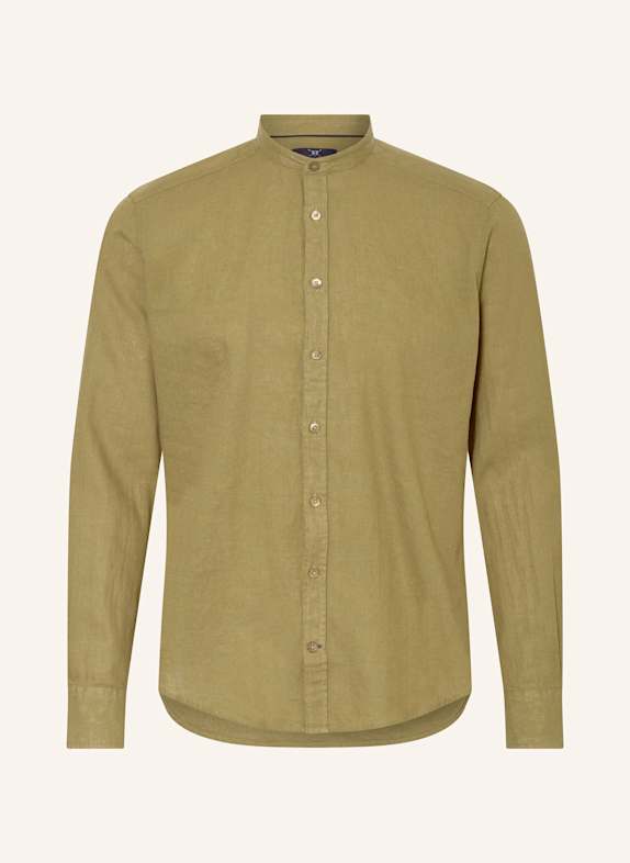 STROKESMAN'S Modern fit shirt with stand-up collar and with linen OLIVE