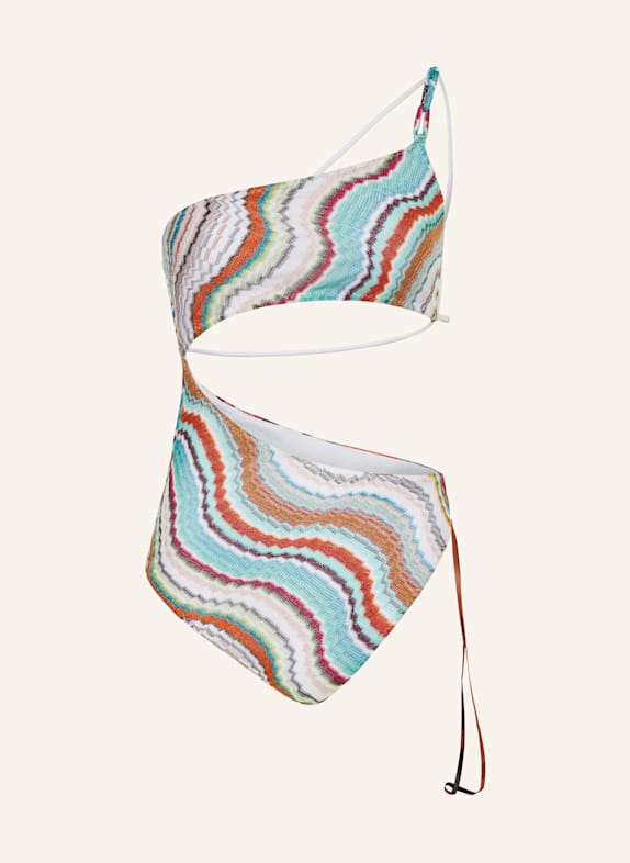 MISSONI One-Shoulder-Badeanzug mit Glitzergarn TÜRKIS/ WEISS/ ORANGE