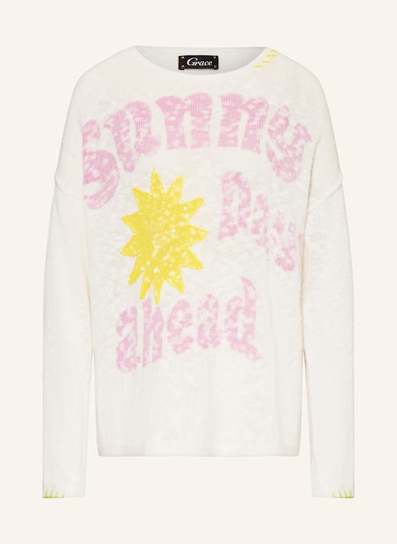 Grace Pullover mit Leinen und Pailletten WEISS/ ROSA/ GELB