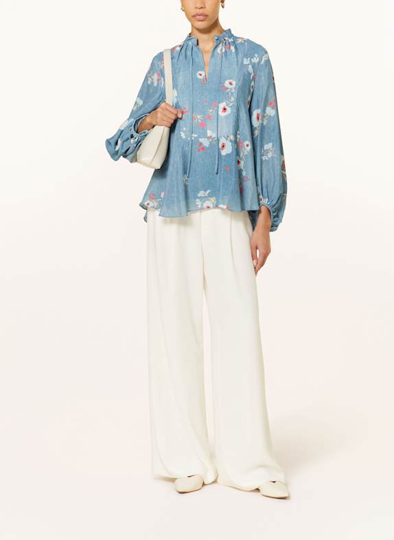 SLY 010 Blouse-shirt INDA met strik en zijde BLAUW / WIT / ROZE