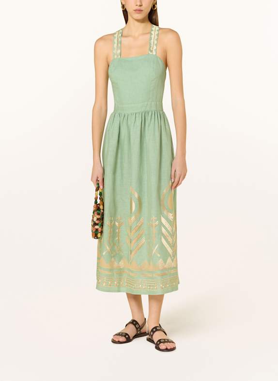 Greek Archaic Kori Kleid FEATHER aus Leinen HELLGRÜN/ GOLD