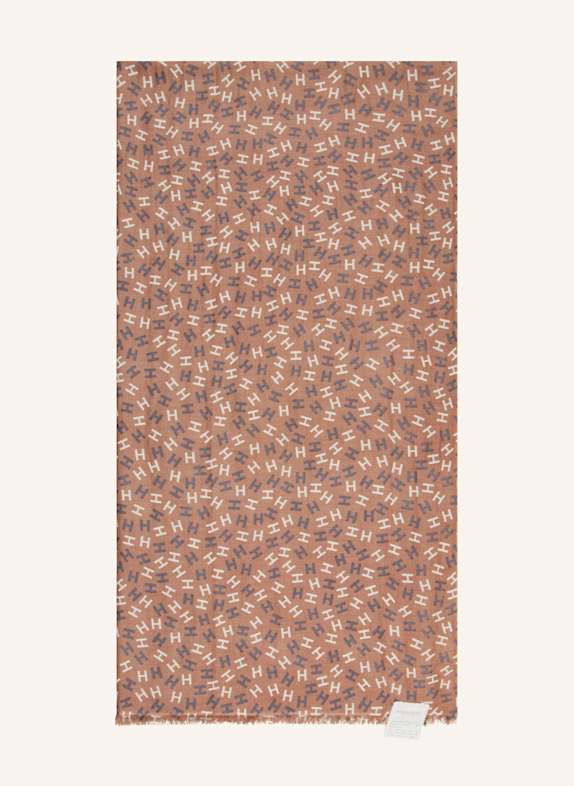 HEMISPHERE Cashmere scarf NIES with silk LIGHT BROWN/ WHITE/ DARK BLUE