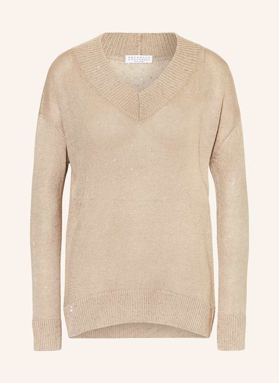 BRUNELLO CUCINELLI Leinenpullover mit Pailletten HELLBRAUN