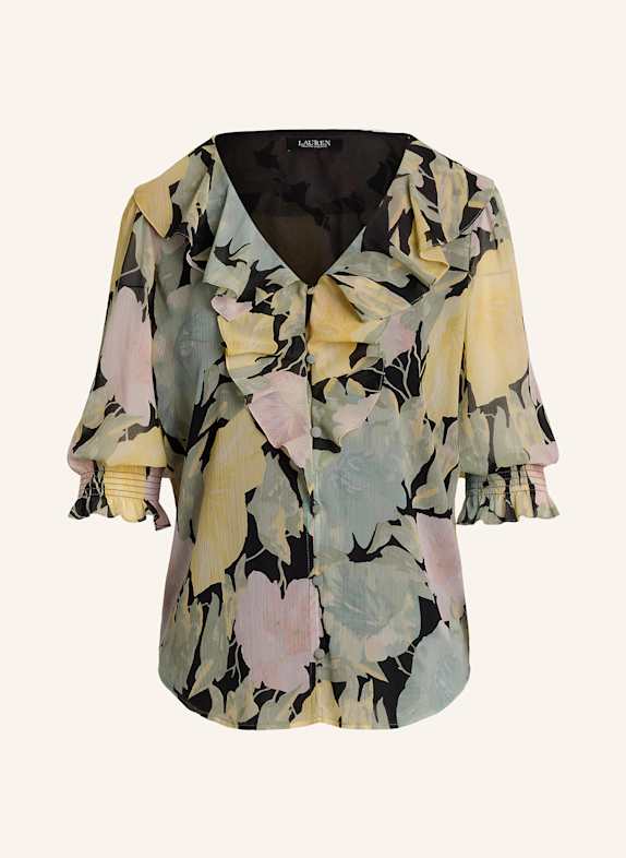 LAUREN RALPH LAUREN Bluse mit 3/4-Arm und Volants SCHWARZ/ HELLGRÜN/ GELB