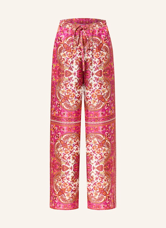 MRS & HUGS Wide leg trousers made of silk PINK/ ORANGE/ ECRU