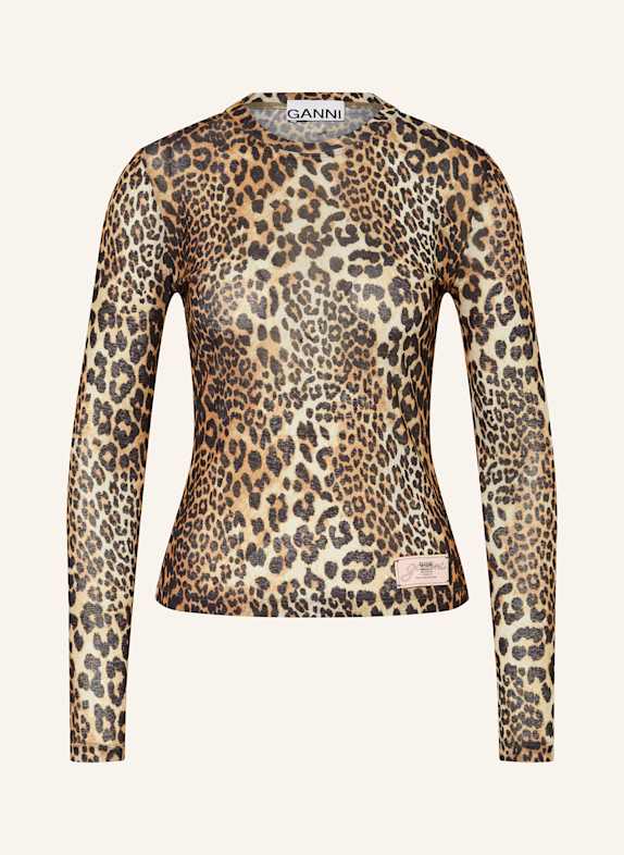 GANNI Long sleeve shirt in mesh BROWN/ DARK BROWN/ BEIGE
