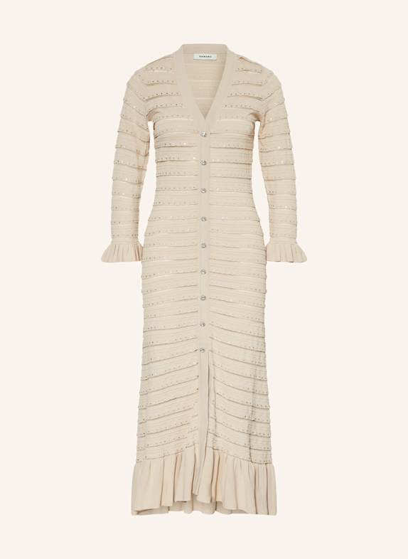 SANDRO Strickkleid mit Schmucksteinen und Volants BEIGE/ SILBER