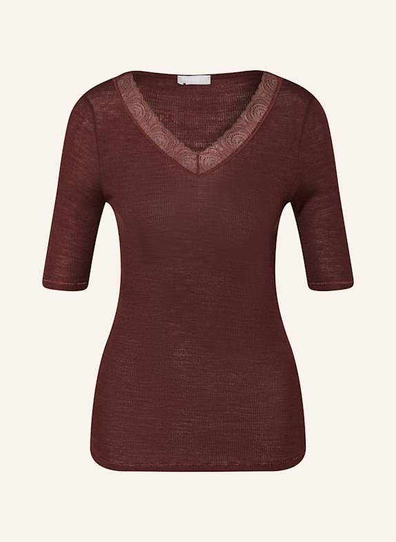 HANRO WOOLEN LACE T-shirt made from merino wool with silk DARK BROWN