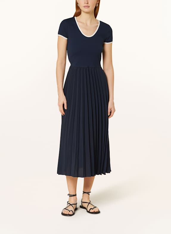 TOMMY HILFIGER Kleid im Materialmix mit Plissees DUNKELBLAU/ WEISS
