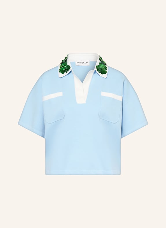 ESSENTIEL ANTWERP HOISEAU knitted polo shirt with sequins LIGHT BLUE/ WHITE/ GREEN