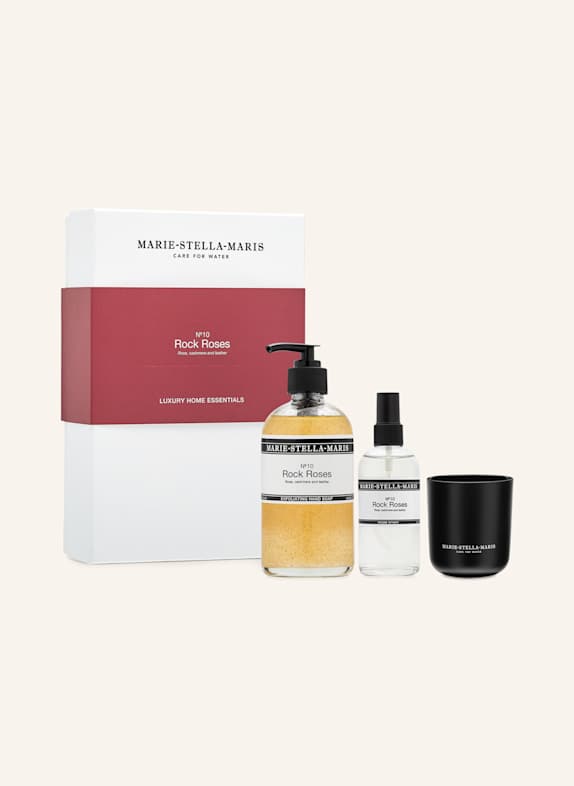 MARIE-STELLA-MARIS 3-piece Set N0.10 ROCK ROSES: Exfoliating hand soap, room spray and scented candle WHITE/ BLACK