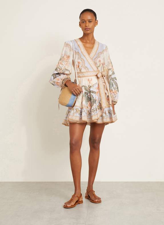 ZIMMERMANN Wrap dress WYLIE with frills BEIGE/ LIGHT BLUE/ LIGHT ORANGE
