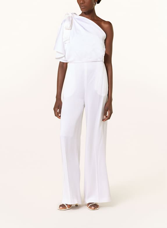 BOSS DEIANA one-shoulder jumpsuit with flounces and bow-tie WHITE
