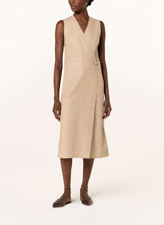 BOSS Lederkleid SYESHA in Wickeloptik BEIGE