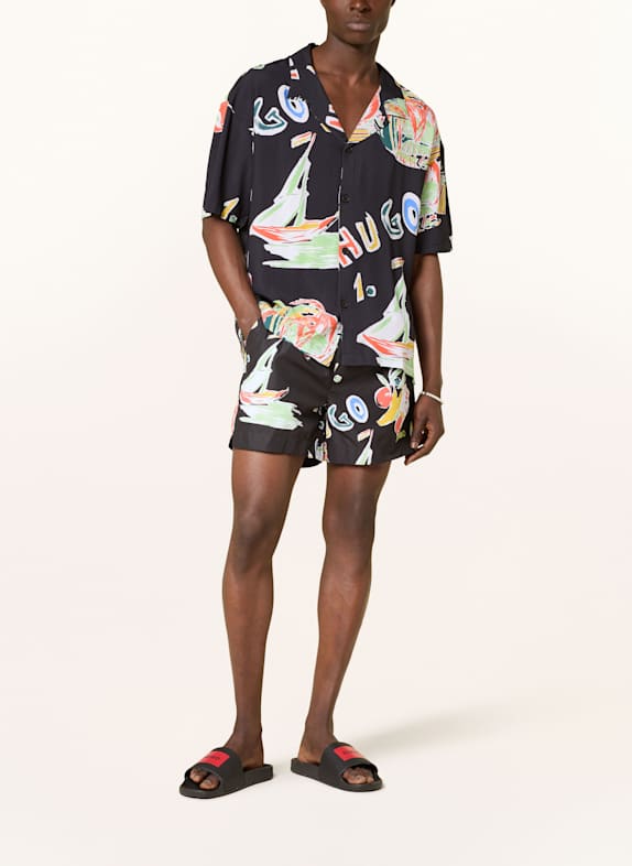 HUGO Resorthemd Relaxed Fit SCHWARZ / HELLGRÜN / ORANGE