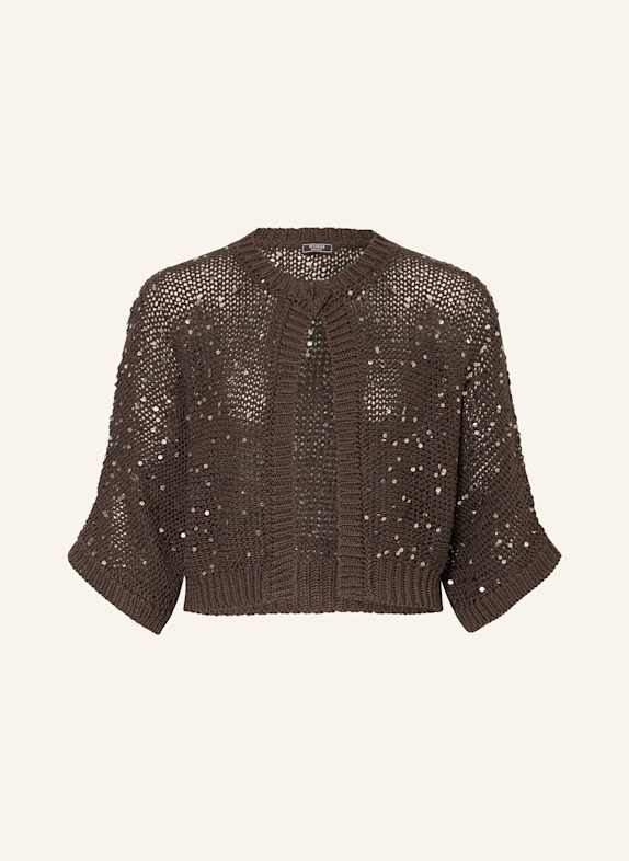 PESERICO Cropped-Strickjacke mit 3/4-Arm und Pailletten DUNKELBRAUN