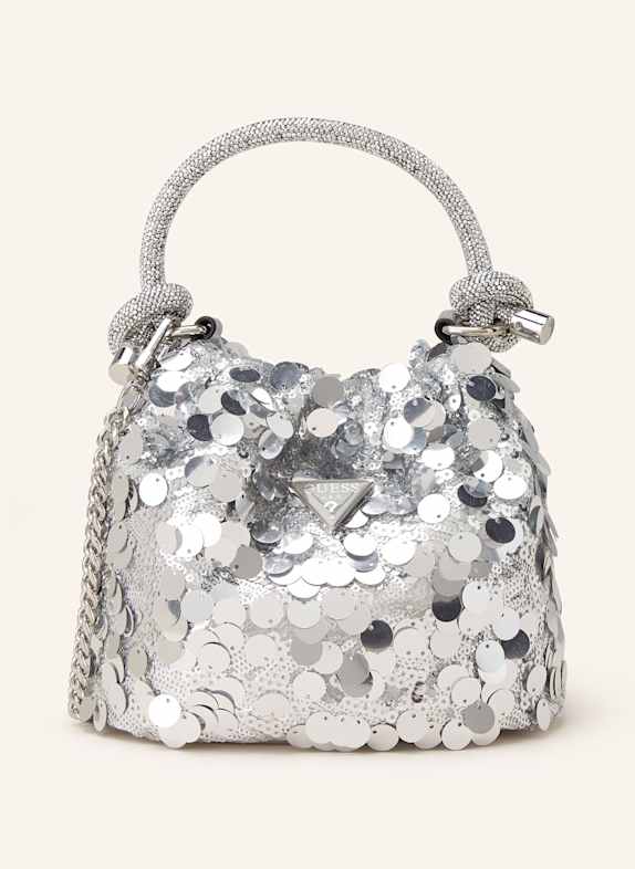 GUESS Beuteltasche HOLIDAY mit Pailletten und Schmucksteinen SILBER
