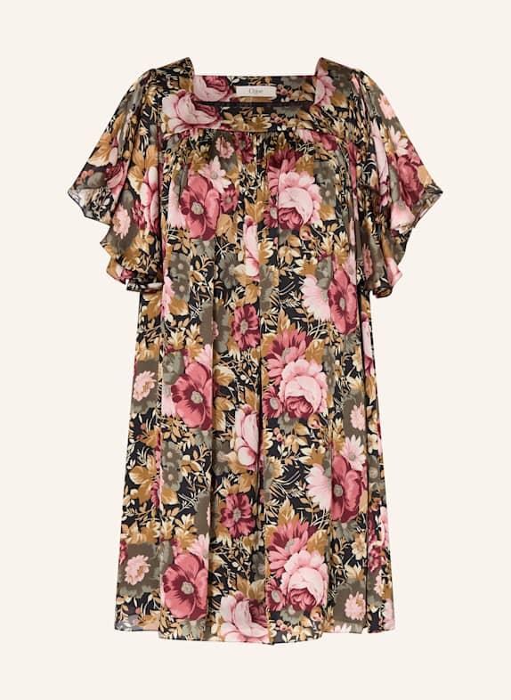 Chloé Seidenkleid PINK/ KHAKI/ DUNKELROT