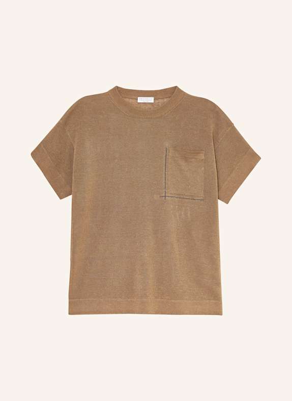 BRUNELLO CUCINELLI Strickshirt aus Leinen mit Schmucksteinen BRAUN