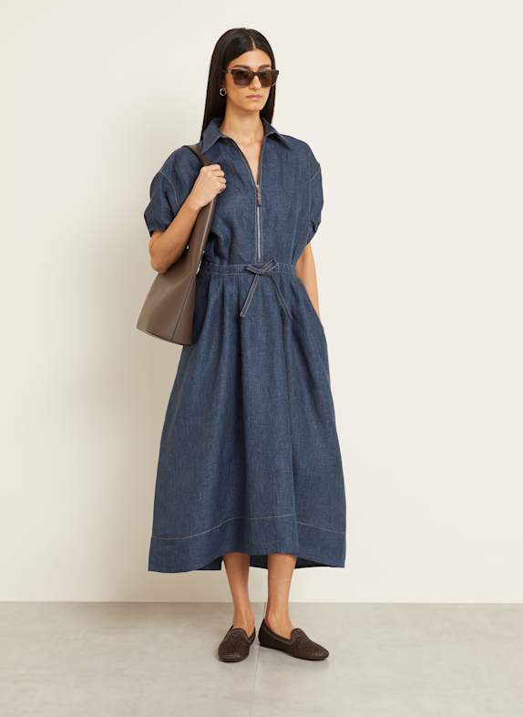 BRUNELLO CUCINELLI Sukienka koszulowa z lnu GRANATOWY