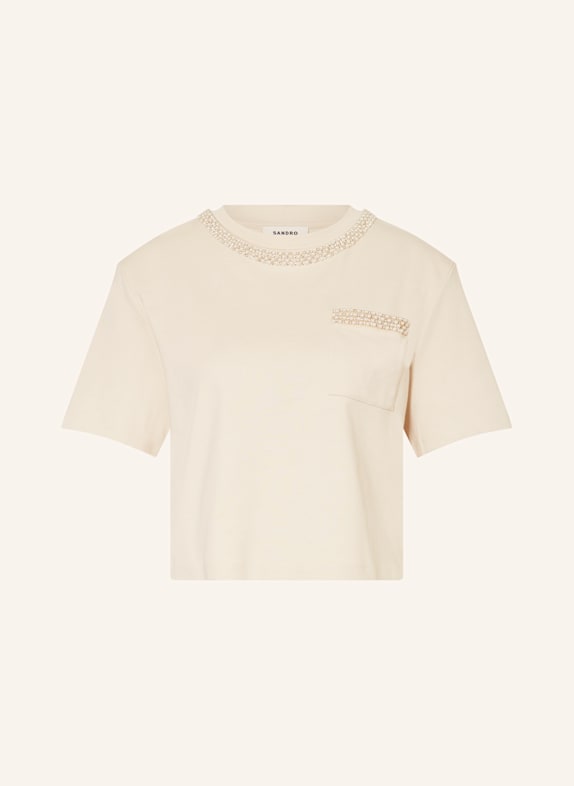 SANDRO T-Shirt mit Schmucksteinen und Schmuckperlen BEIGE
